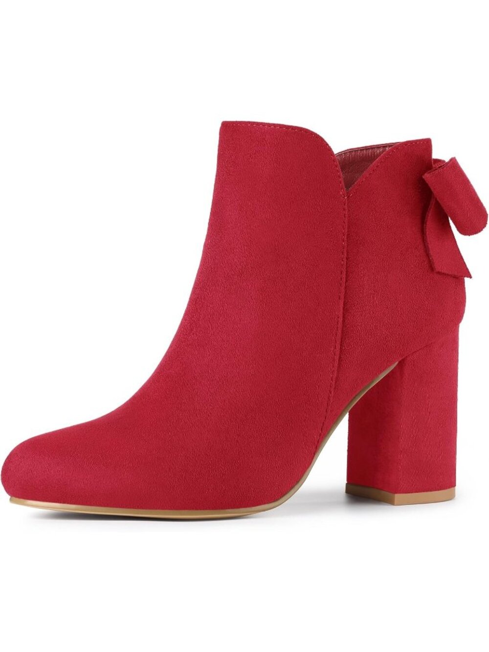 Women's Red Round Toe Bow Decor Chunky Heel Side Zipper Stylish Ankle Boots